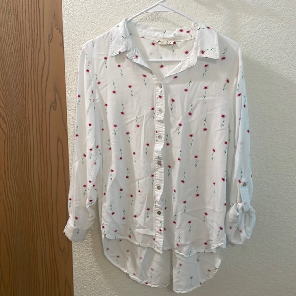 Jane and Delancey White and Floral Print Button Down Shirt Size Medium